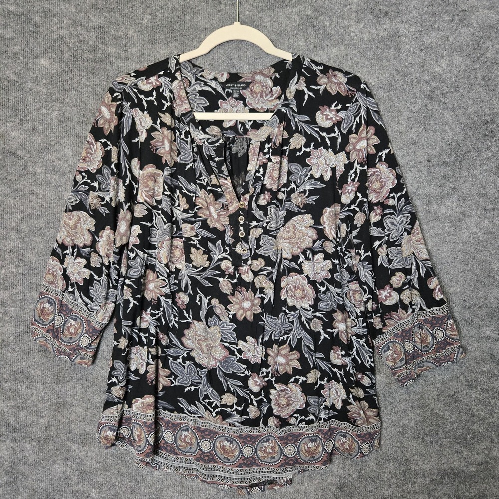 Lucky Brand Top Womens 1X Black Mauve Floral Pleated Tunic Flowy Dark Romantic